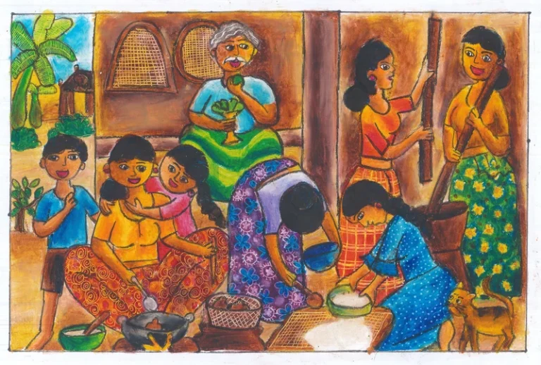 ගැමි කාන්තාවන් පිරිසක් එක්වී කැවිලි පිළියෙළ කරන අවස්ථාවක්